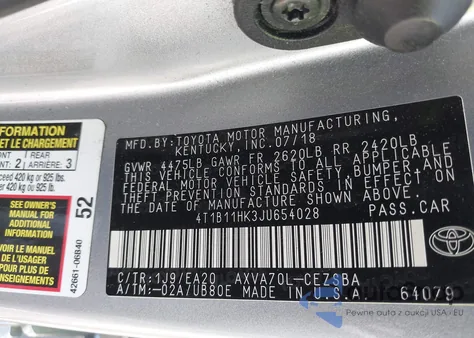 2018 Toyota Camry Se from USA, damaged, VIN 4T1B11HK3JU654028